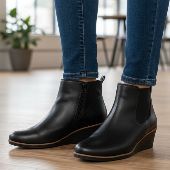 AEROSOLES Brandi Black Wedge Boots 10 11 Wide Ankle Chelsea Booties Minimalist - Picture 1 of 14